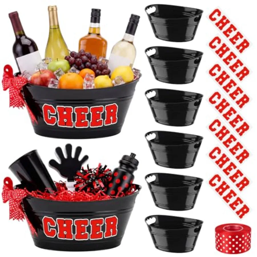 6 Pack Plastic Ice Buckets Bulk, Cheerleading Gift Baskets for DIY Cheer Team Gifts, 4.5l Oval Storage Drink Tubs with Stickers