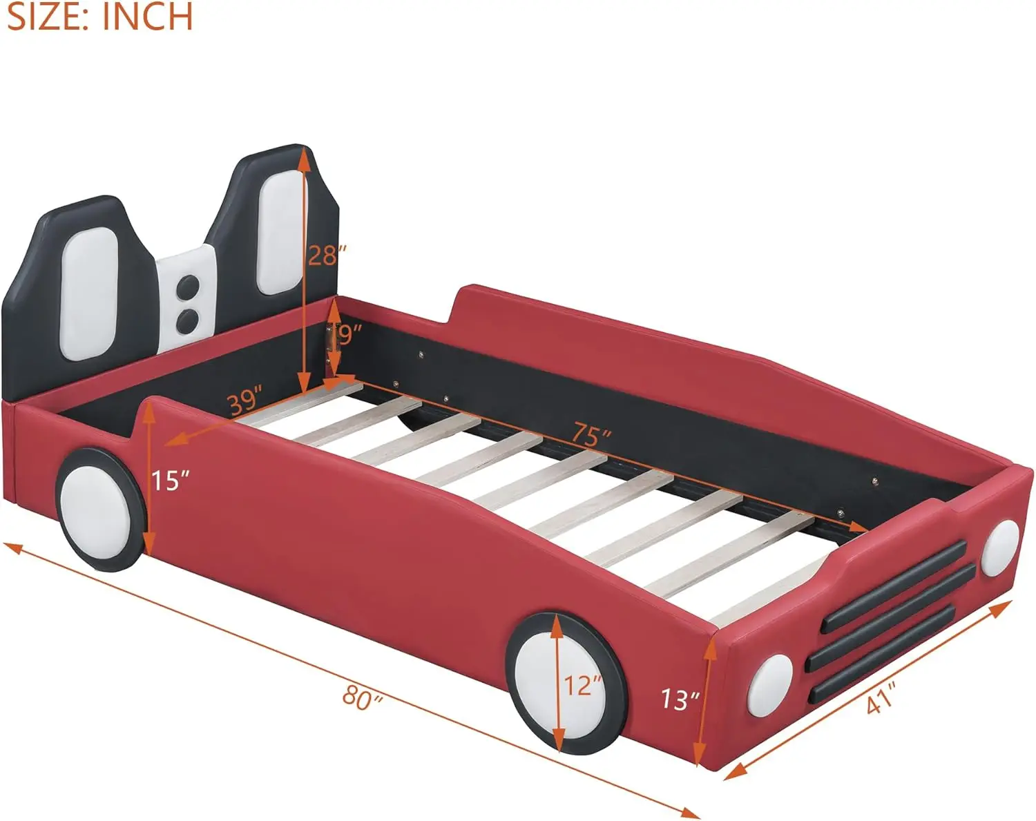 Twin Size Race Car Bed For Kids, Pu Car-Shaped Bedframe With Wheels And Side Rails For Boys,Girls, Wood Slat Support, No Box