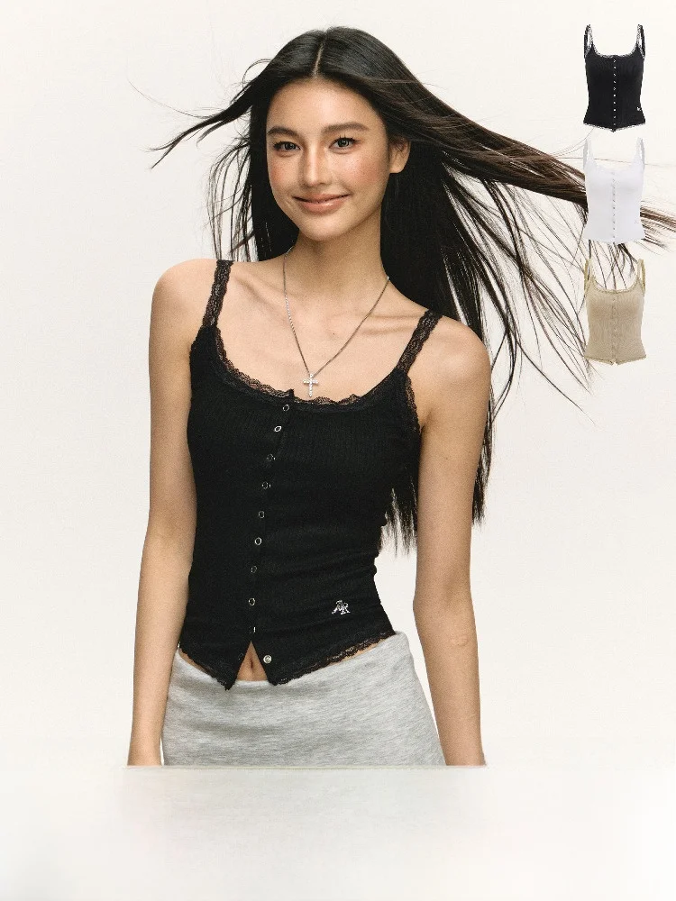 

Ariseism American Retro Lace Trim ter Vest Women's Summer Slim Fit Top Street Sle Single Button Fastening Pure Color