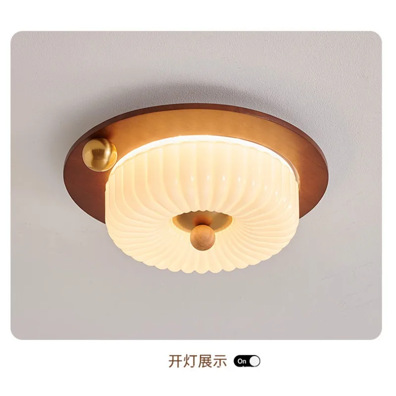 French Mid Century Cream Walnut Wood Nanyang Vintage Eye Care LED Ceiling Light Bedroom Study Home
