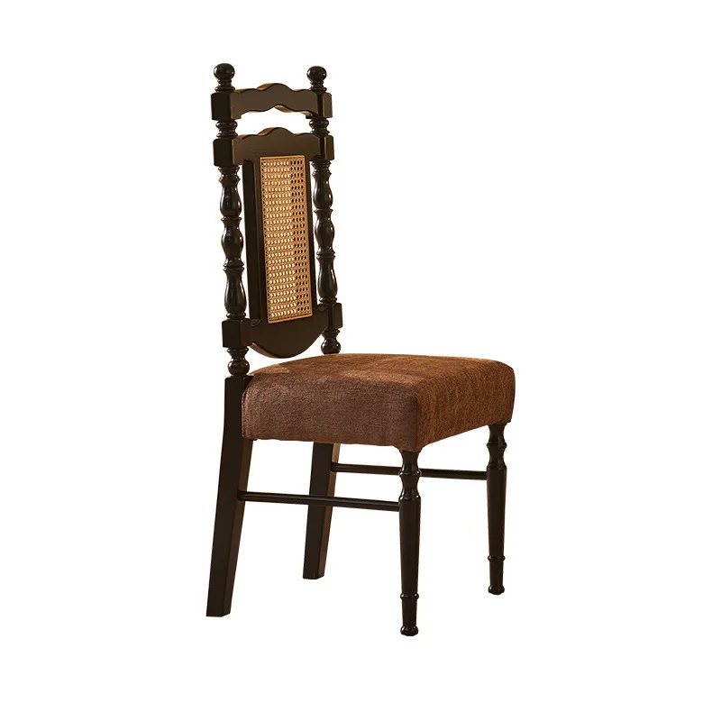American Black Knight Dining Chair Solid Wood Black Desk Chair French Soft Bag Rattan Home Restaurant Solid Wood Back Chair