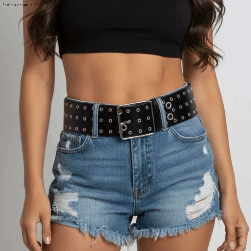 

Регулируемый широкий ремень с полыми заклепками, индивидуальный дизайн, трехрядная пряжка с иглами, ремень в стиле Y2K для крутых девушек, украшение для джинсов, американский стиль