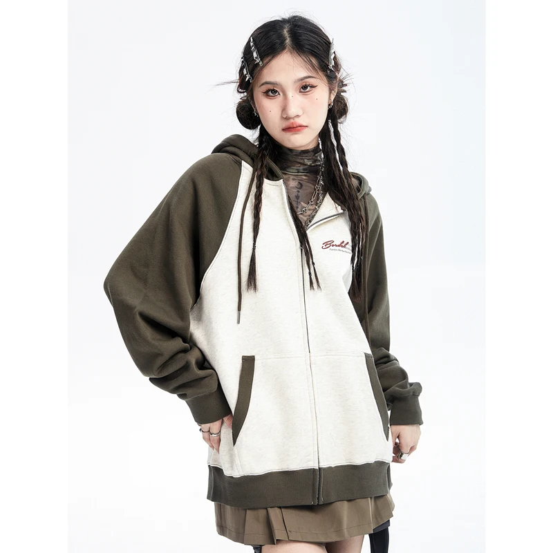 

Women's Clothing Green Sweatshirt Splicing Contrasting Colors Korean Fashion Leisure Winter New Drawstring Hooded Outerwear Tops