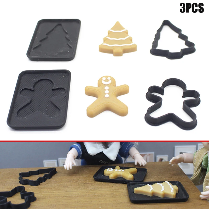 3PCS Miniature Human Gingerbread Man Christmas Baking Dollhouse Mini Cookie Mold Pretend Kitchen Food Toy