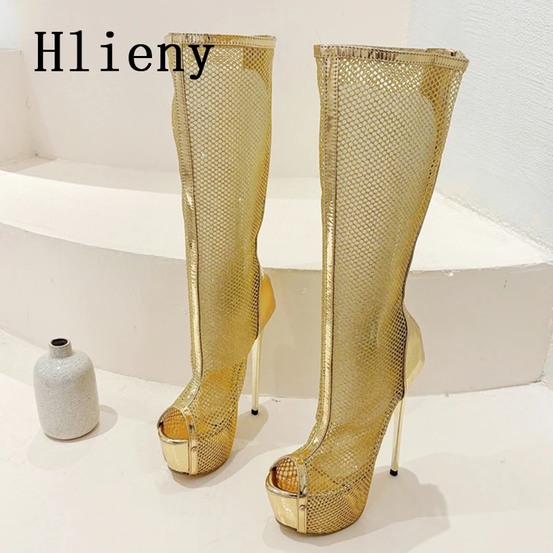 Hlieny Sexy Hollow Out Knee-High Boots Sandals Women Peep Toe Shoes Fashion Thin High Heels Pole Dancing Female Shoes