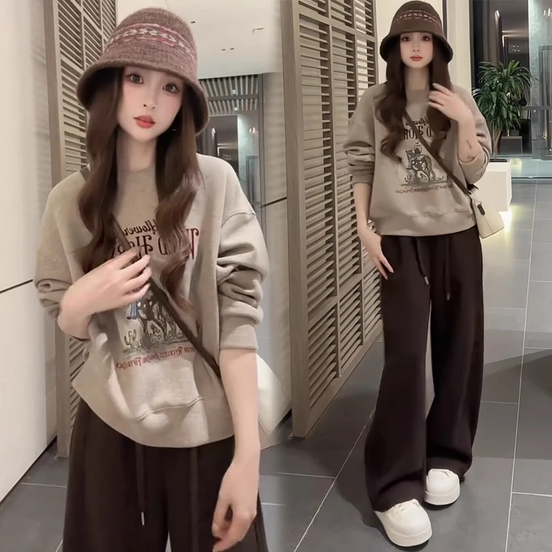 

Модный свитшот с круглым вырезом и принтом, женский свободный приталенный топ цвета хаки с длинными рукавами, повседневный, универсальный, удобный, на все сезоны.