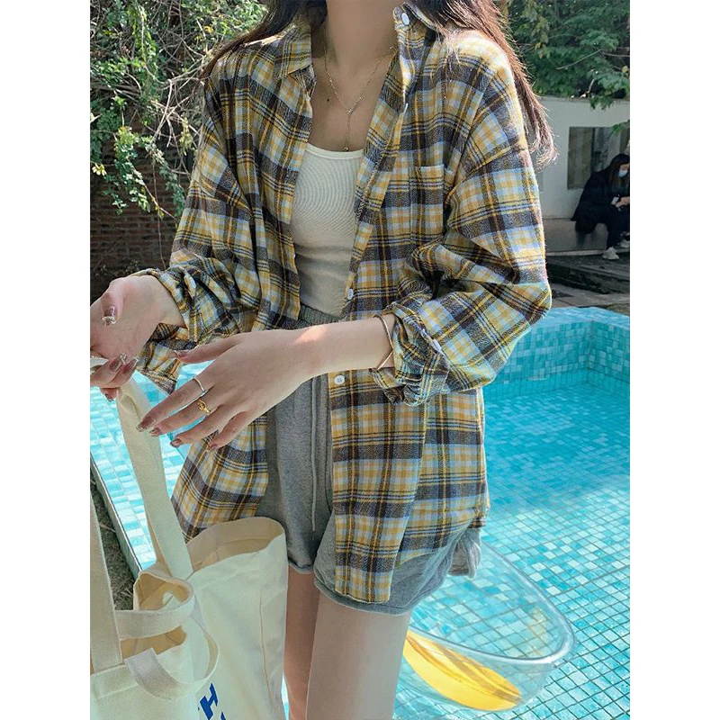 Women\'s Vintage Classic Plaid Pocket Oversized Streetwear Harajuku Shirts Blouses Spring Autumn Casual Loose Top Female Clothing