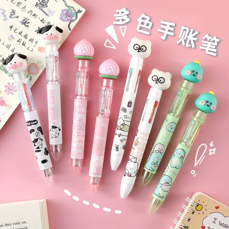 16PCS Four Color Ballpoint Pen, Silicone Cartoon Head, Cute Doll, Four Color Ballpoint Pen, Small Mini Portable Stationery