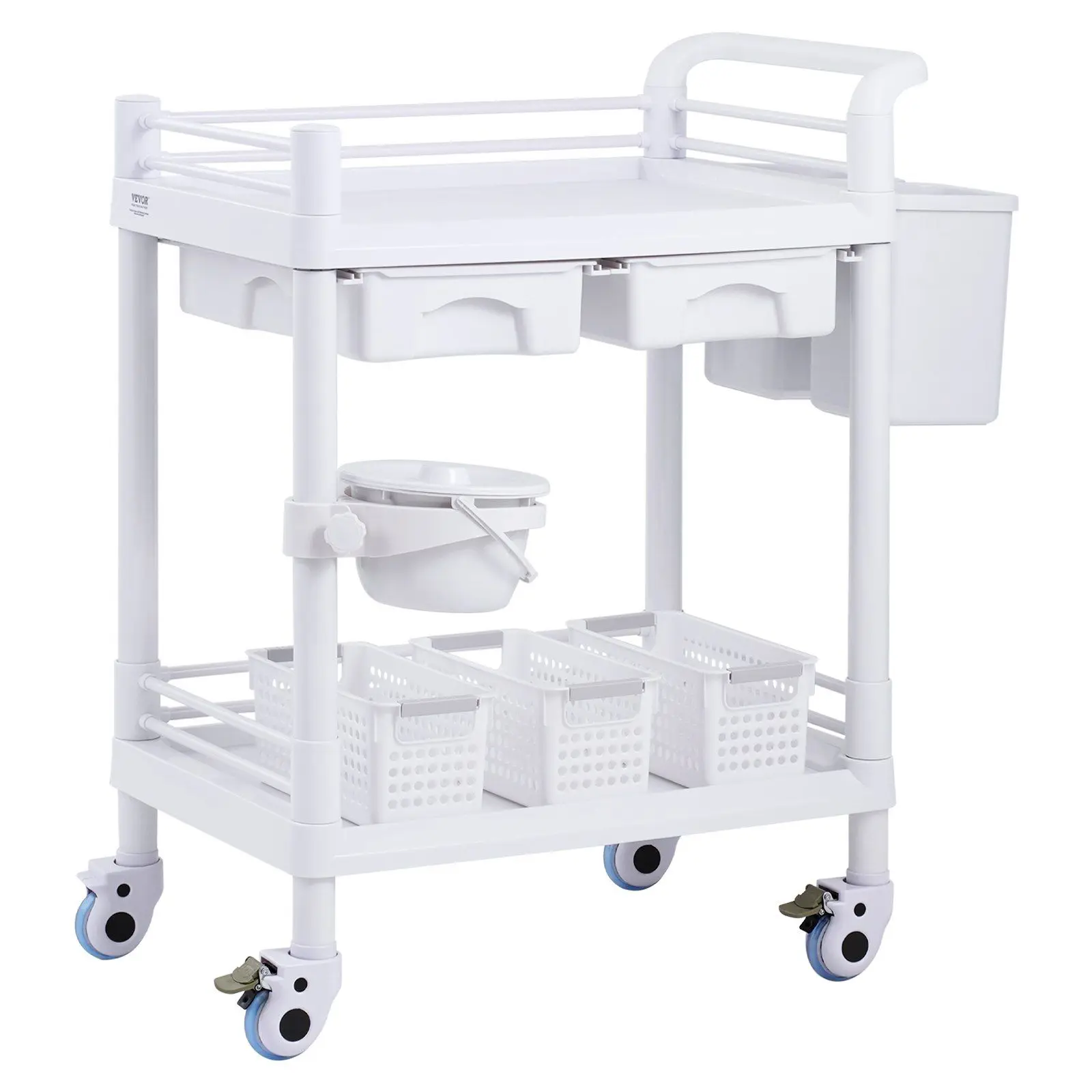 

VEVOR 2 Tiers Lab Carts Mobile Medical Cart 2 Trays 2 Drawers 3 Trash Cans White, Trolley Storage Cart with PP Material, Lab Rol