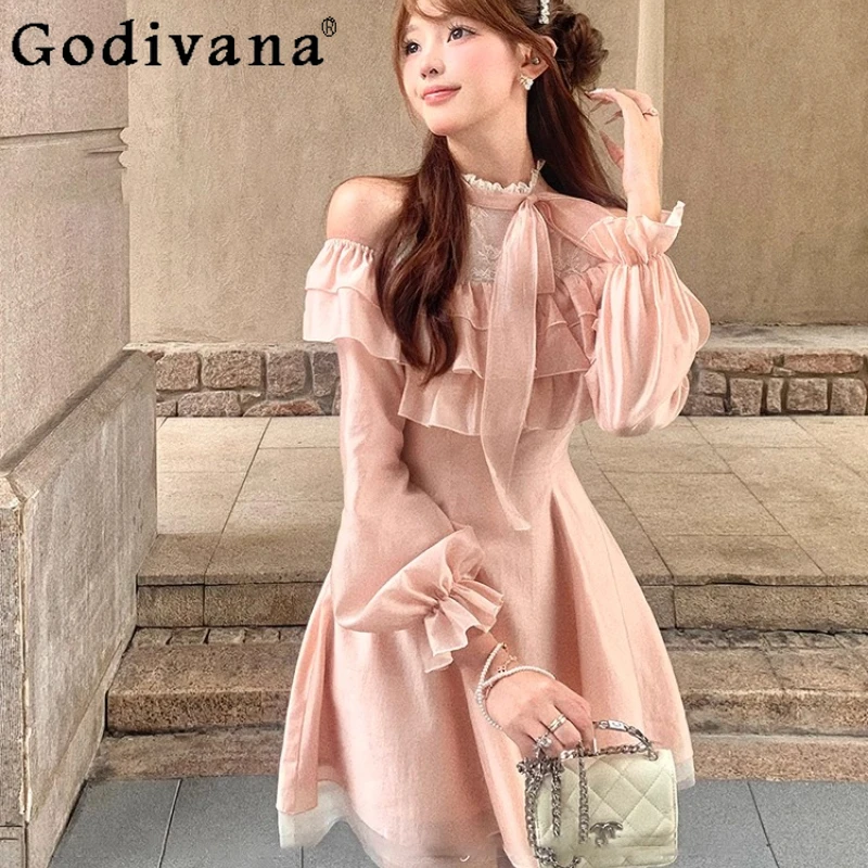 Fora do ombro renda malha retalhos vestido início do outono feminino claro suave multi camada plissado vestido meninas cintura vestido curto