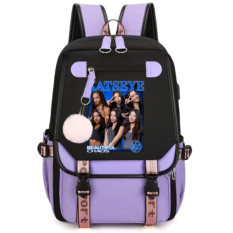 Large Capacity Laptop Rucksack Girls Portrait Print Pink Pom Pom Decor Printed Buckle Strap Multi Layer Storage Pocket SchoolBag