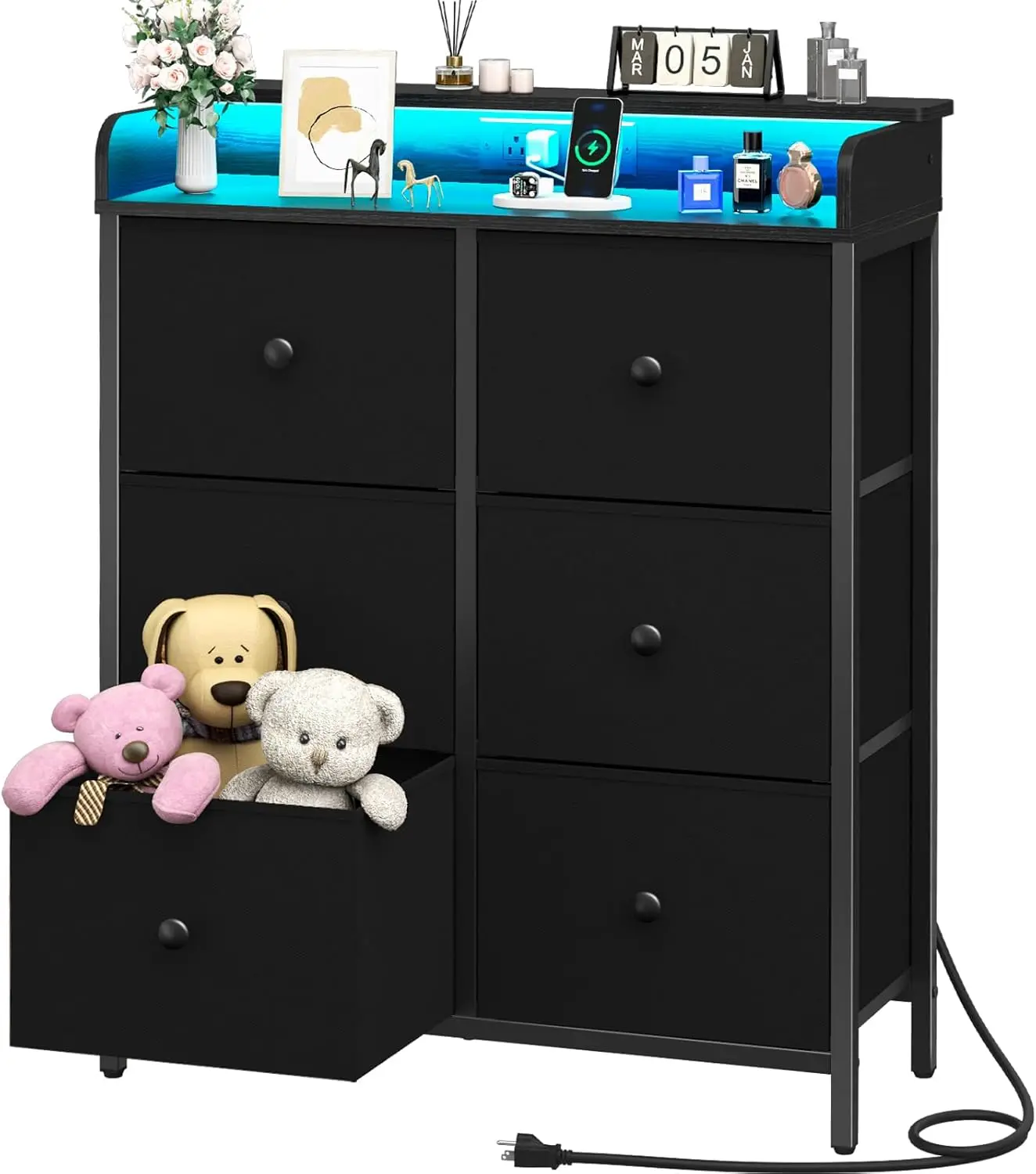 Dresser for Bedroom with Charging Station, 6-Drawer Chest Furniture with LED Lights, Fabric Dressers & Chests of Drawers, Storag