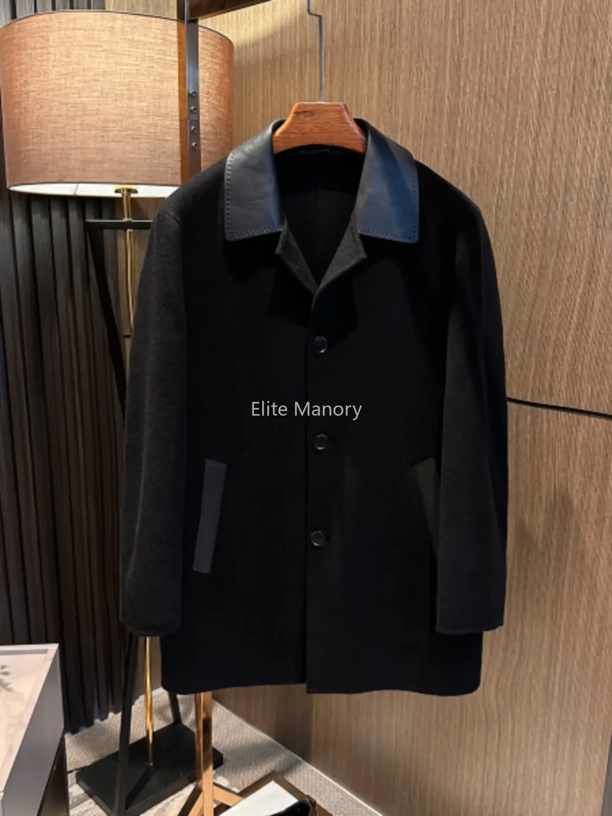 

[Gentleman's leisure, high-end sense] Sheepskin splicing medium and long double-sided woolen coat