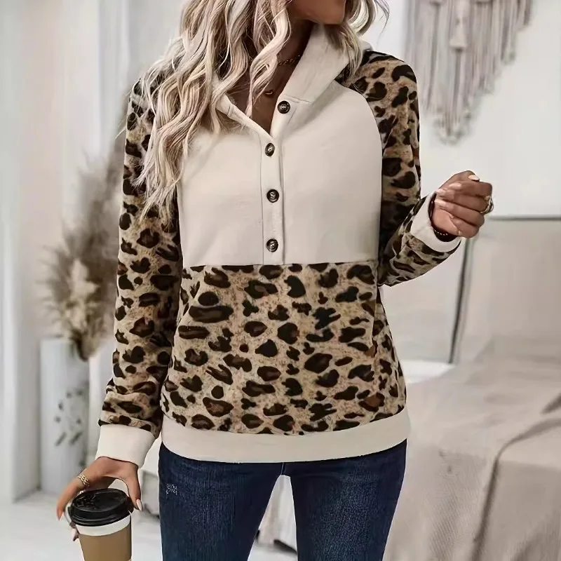 

2025 New Leopard Print Sleeve Patchwork Hooded Long-sleeved Sweatshirt Top Is Versatile and Slim