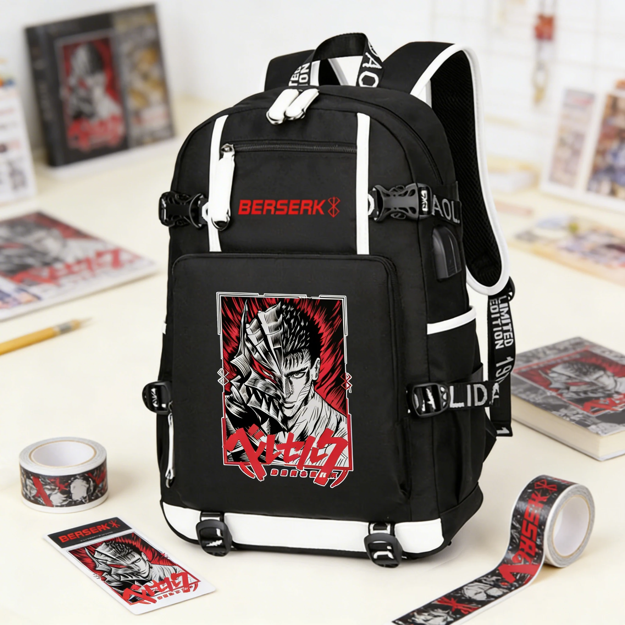 Cartoon Berserk Students School Bags Boys Oxford Bookbag Laptop Backpack USB Charging Port Anime Shouler Bags Travel Daypack