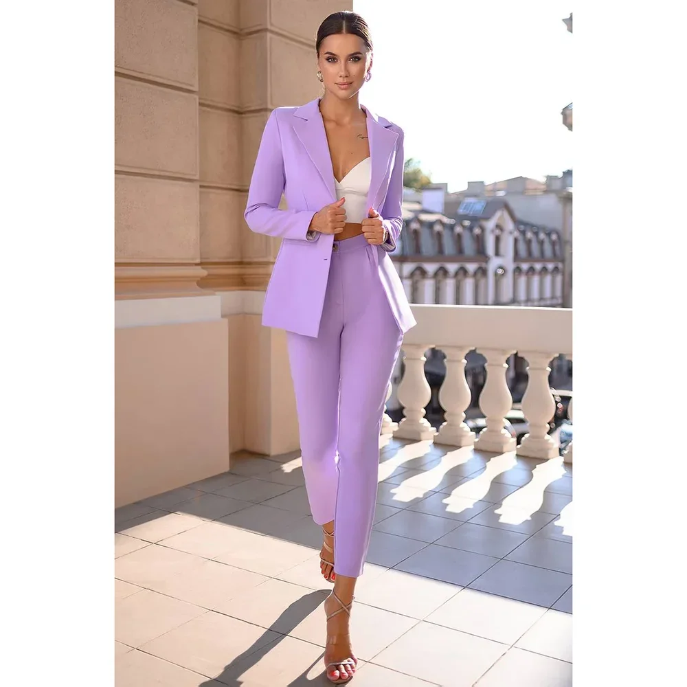 

Women Pants Sets Lilac Fashion Notch Lapel Single Breasted Smart Casual Outfits Elegant Daily Office Lady Slim Female Suit