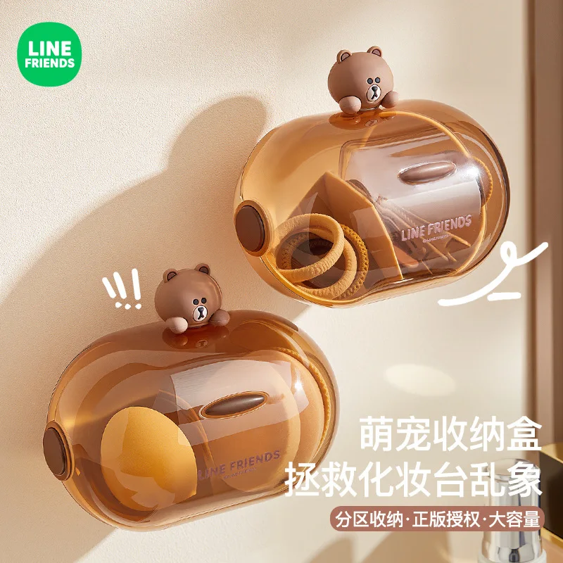 

New Line Friends Transparent Beauty Egg Cosmetics Desktop Flour Puff Storage Box Brown Dustproof Wall Hanging Debris Storage Box