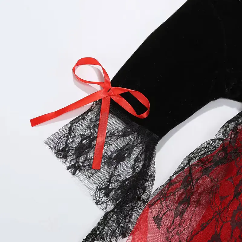 Vampir-Halloween-Kostüm für Mädchen, schwarz-rotes Spitzen-Tüllkleid, Gothic-Stil mit Stehkragen, Hexen-Cosplay, Karneval, ausgefallenes Partykleid – Detail 6