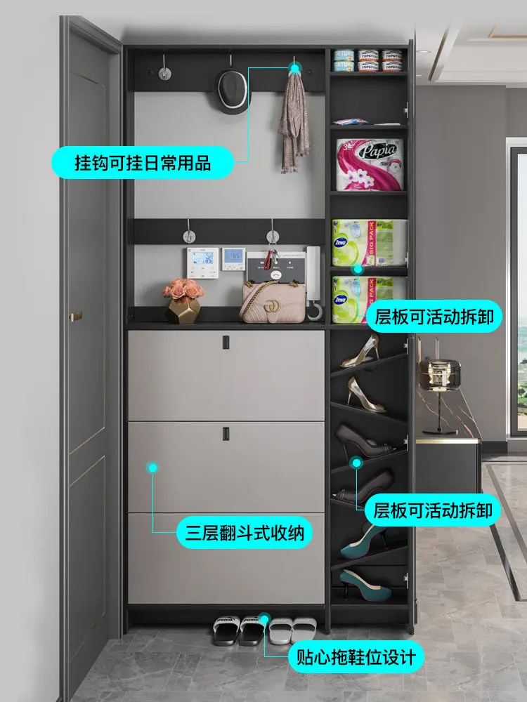 yjq shoe cabinet full-length mirror integrated ultra-thin    to-top shoe change stool solid wood tipping bucket entrance cabinet