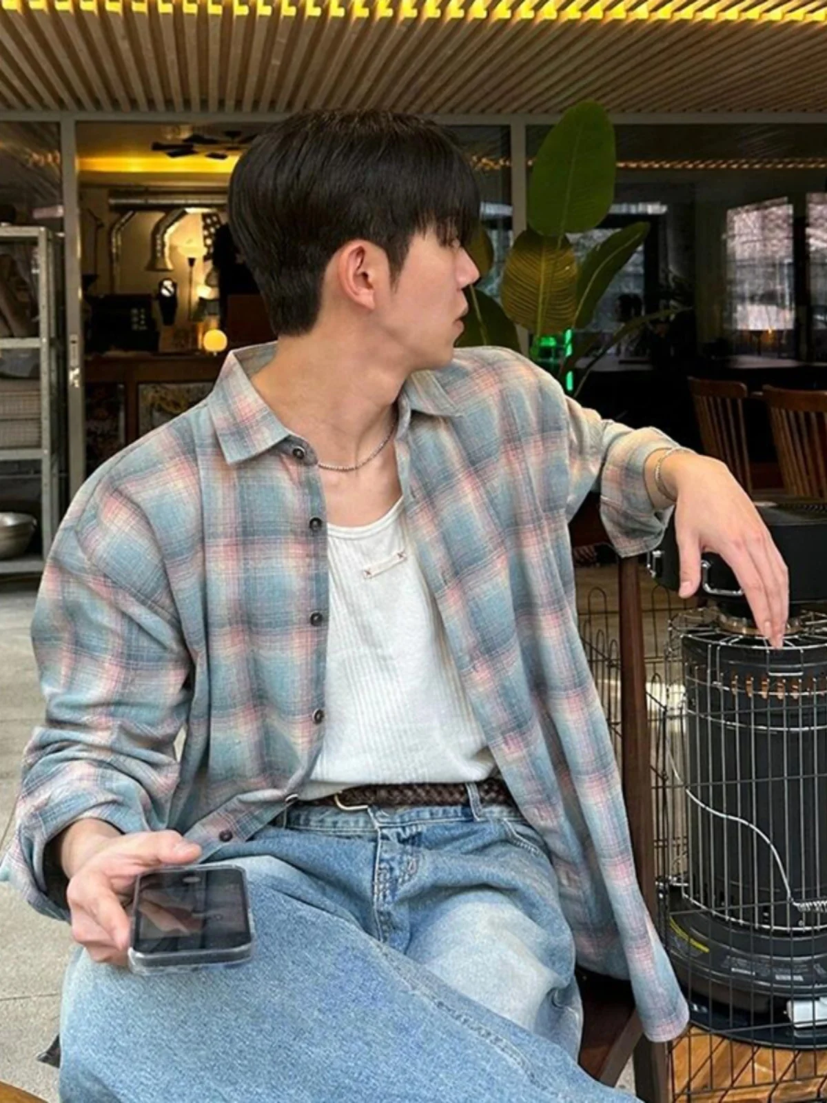 

Винтажная мужская рубашка в клетку с длинным рукавом, классическая, модная, с цветовыми блоками, верхняя одежда для осеннего сезона, молодежная мода