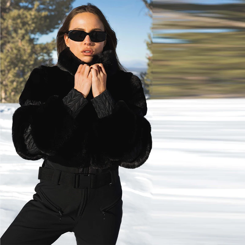 

Windproof Ski Suit Winter Women Thicken Faux Fur Patchwork Jumpsuits Stand Collar Zipper Skiwear 2025 New Lady Snowboard Suits