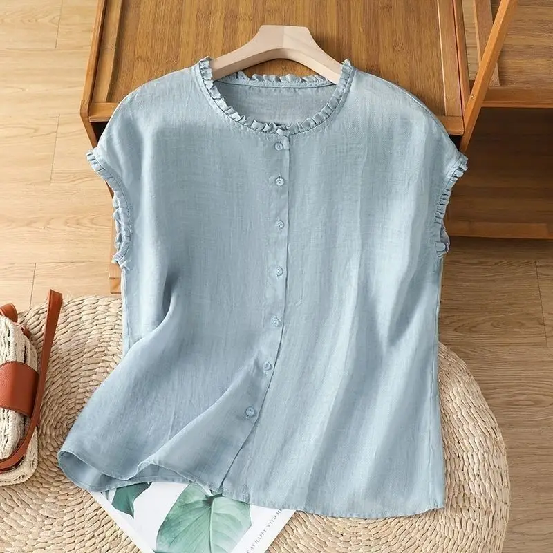 Women Cotton Linen Sleeveless Blouse Ruffle Collar Button Elegant Flying Sleeve Design Shirt Ladies Office Breathable Cardigan