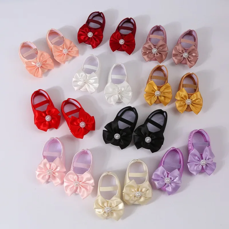 

Baby Shoes Girls Flats Soft Sole Non-slip First Walkers Pearl Bowknot Princess Wedding Dress Walking Shoes for Newborn