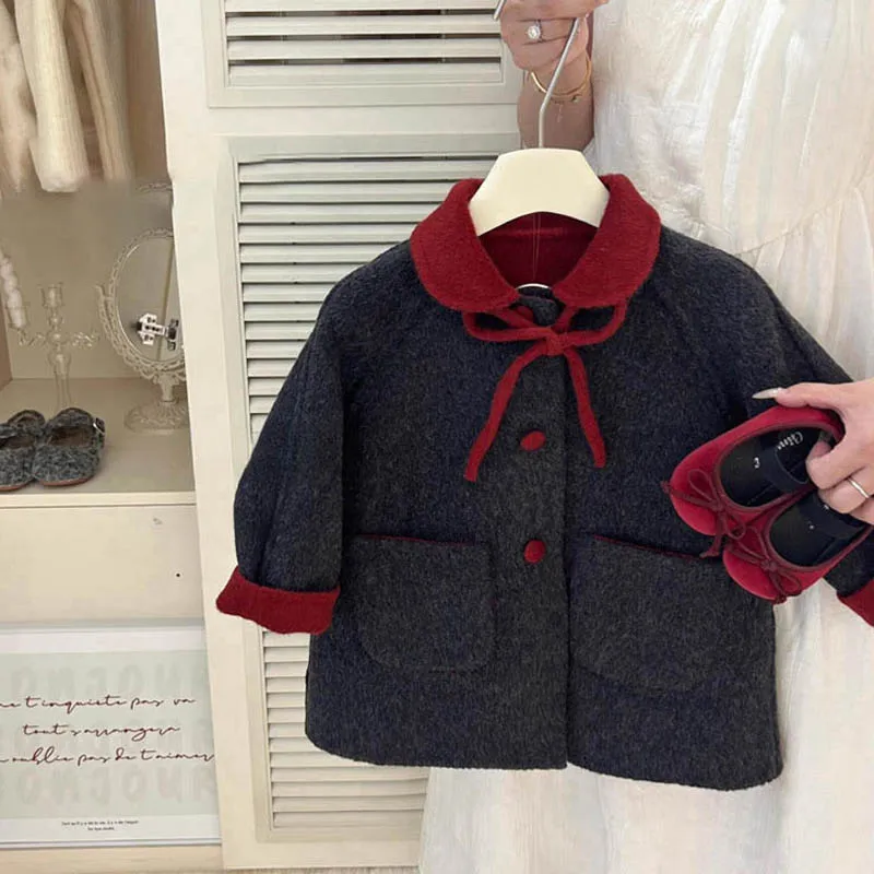 new-children's-two-sided-woolen-jacket-mid-length-lace-up-bow-christmas-red-warm-outerwear-baby-girls'-woolen-coat-autumn-winter