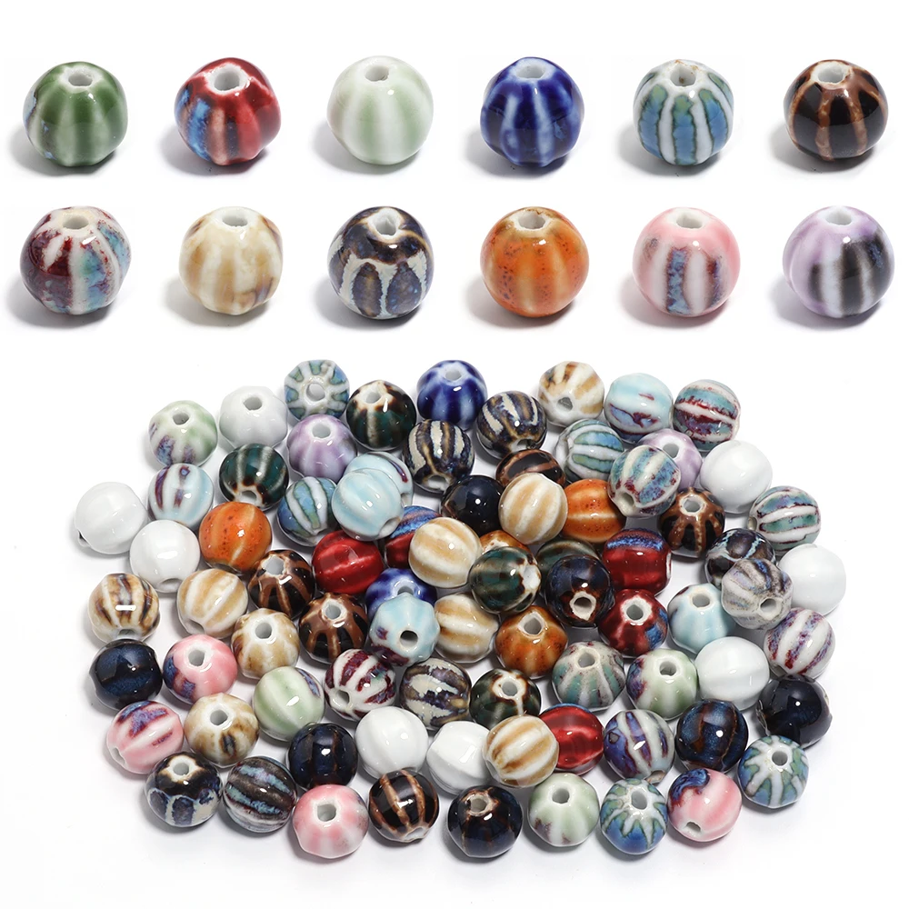 

10pcs 11mm Ceramics Beads Pumpkin Stripe Hole Colorful Glaze Beads Handmade Porcelain Spacer Beads Diy Crafts Accessories