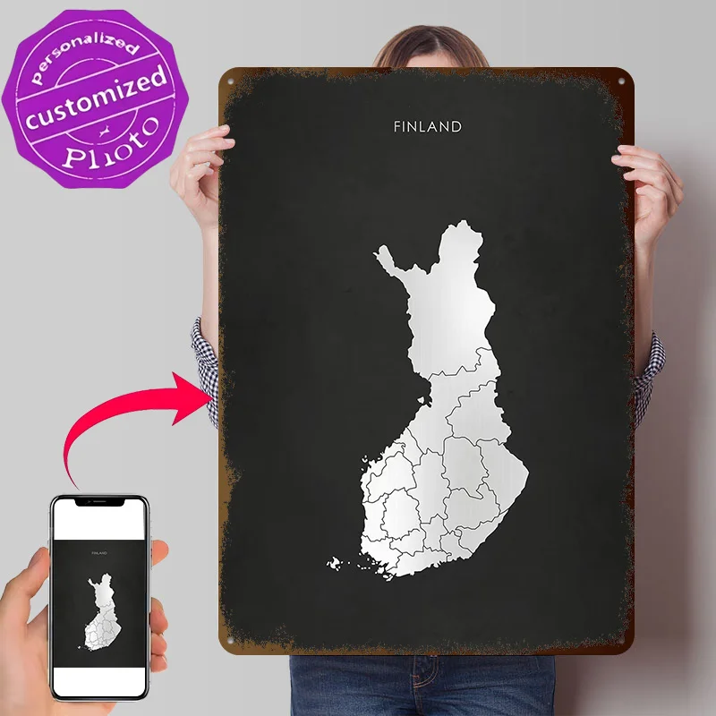 Silver Finland Map Poster Retro 3D Printed Metal Signs Customized Wall Hanging Gift for Decoration Bedroom Room Accessories Art