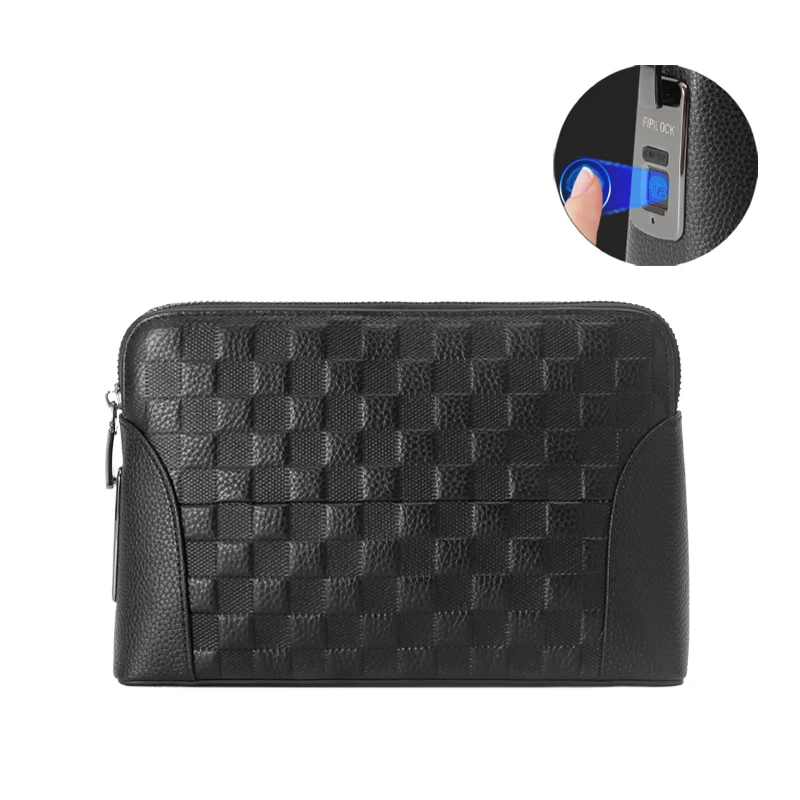 Men's Fingerprint Lock Bags for Men Leather Hand Bag Male Long Money Wallets Mobile Phone Pouch Men Messenger Clutch Bag
