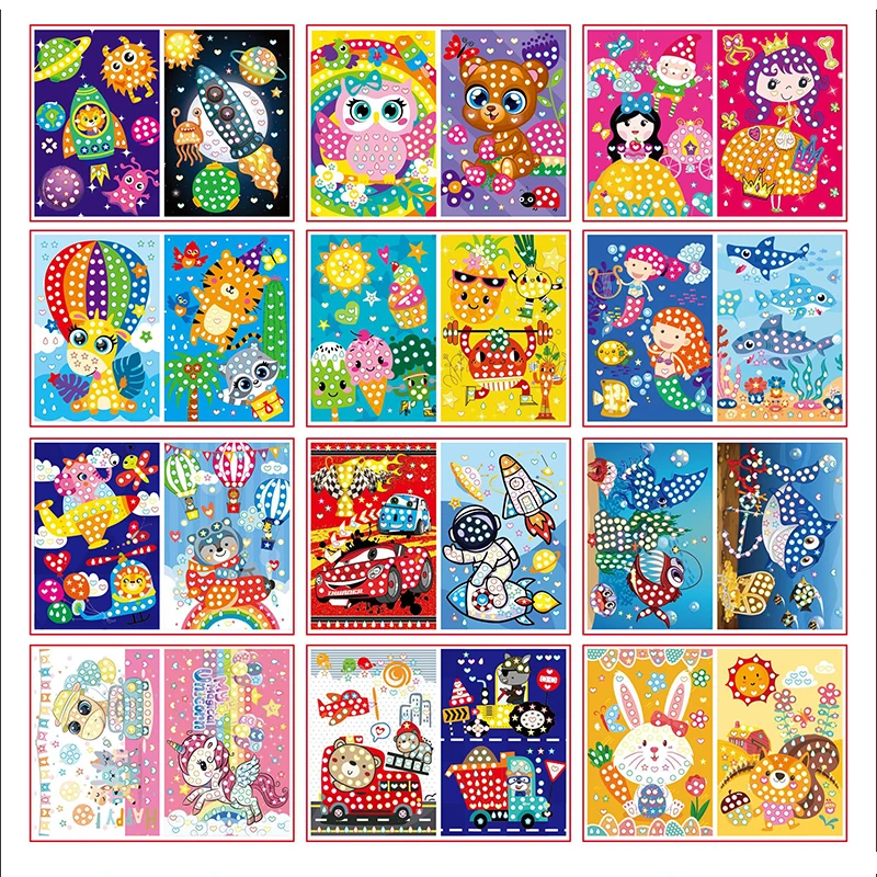 Funny Puzzle Dot Stickers Kids Cartoon Princess Animals Drawing Mosaic Sticker Children Early Educational Patience Training Toys