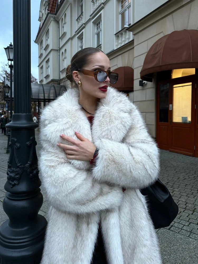 

White Long Faux Fur Coat Women Autumn Winter Large Jacket Overcoat Turn Down Collar Pockets Thick Parkas Warm Jackets Maxi Coats