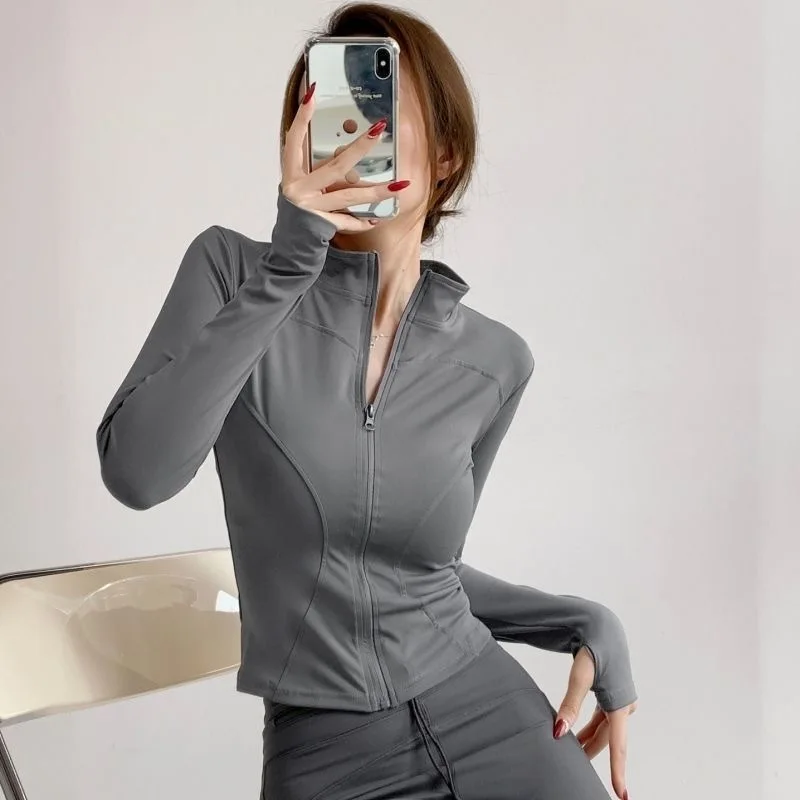 Chaqueta deportiva elástica, Top para correr, ropa de Yoga de secado rápido de manga larga para mujer, ropa de Fitness, cárdigans de otoño e invierno