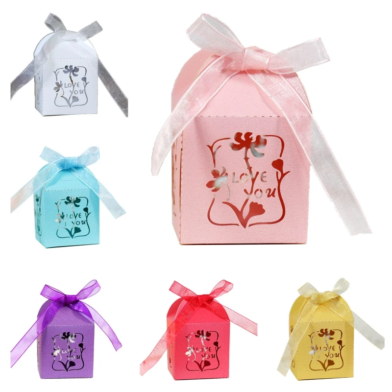 

100pcs Love You Pearl Paper Hollow Cut Favor Gift Candy Box Storage with Ribbon Baby Shower Wedding Party Supplies