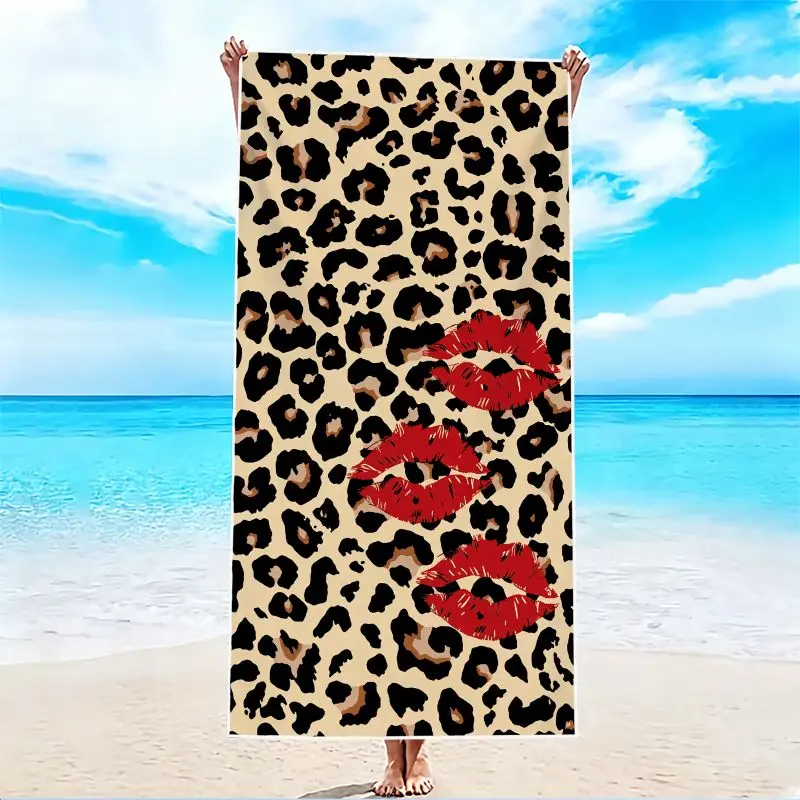 1Pc, Leopard Print Lip Print Beach Towel, Best Beach Towel, Super Absorbent Lightweight Beach Towel - Sand-Free Quick-Dry Towel, Soft Microfiber, Suitable for Various Settings Such as Beach, Pool, Gym, Bathroom, Camping, and Travel.