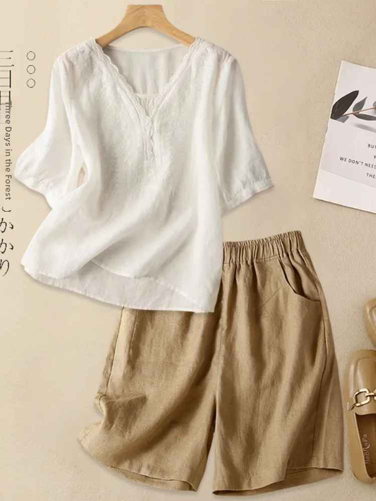 

Женская футболка Ele из хлопка и льна ort Sve, новинка лета, комплект из двух предметов из льна с вышивкой для мамы