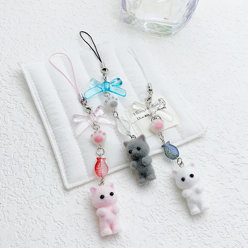 Kawaii Flocking Kitten Bow Cat Paw Beaded Keychain Plush Doll Mobile Phone Chain Anti-Lost Lanyard Pendant Bag Decoration Gift