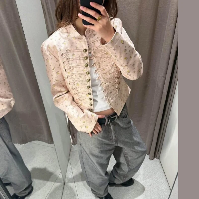 Women Ditsy Floral Print Vintage Cropped Jacket Stand Collar Military Frog Button Decor Napoleon Style Coat Ladies Outerwear