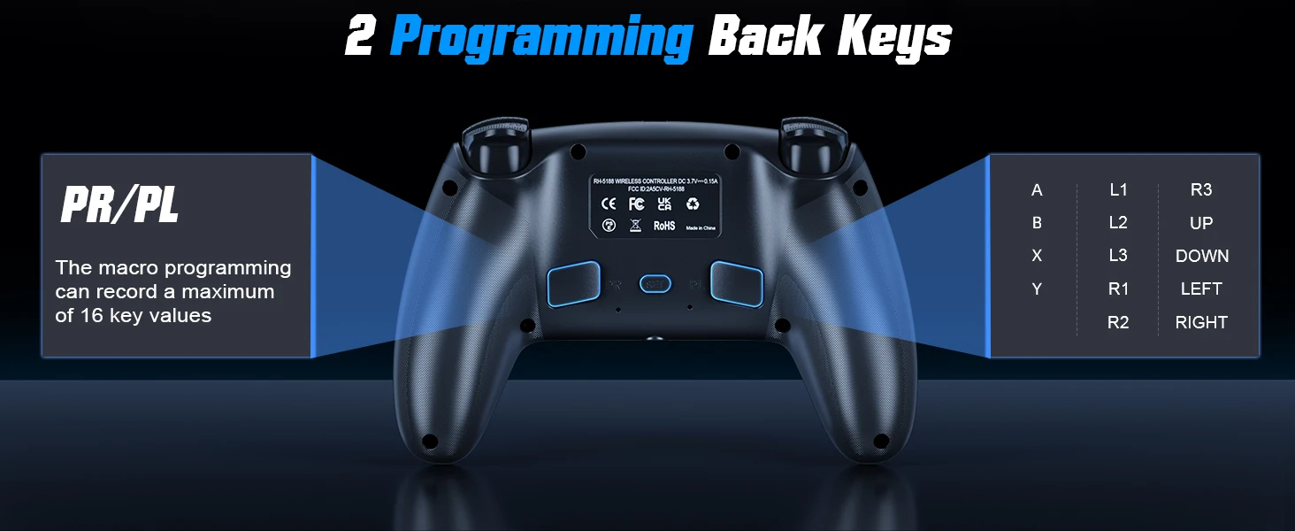 GAMROMBO RGB-Beleuchtung, kabelloser Controller für PlayStation 5 PS5/Pro/Slim/PC-Konsole, Gamepad mit Hall-Effekt-Trigger, Turbo- und Vibrationsfunktion. – Detail 9