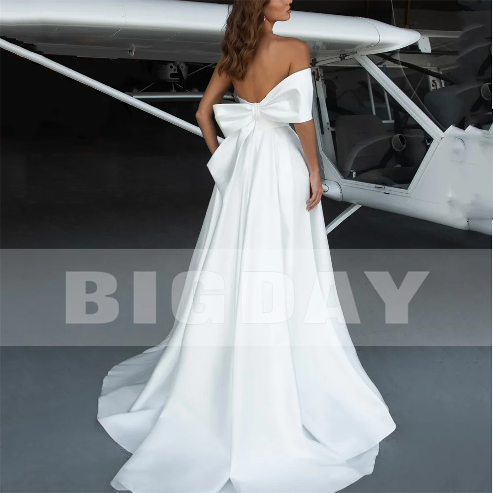 

BIGDAY Satin A-Line Pleat Wedding Dress 2025 One-Shoulder V-Neck Split Bow Open Back Bridal Gown Vestidos De Noiva Customized
