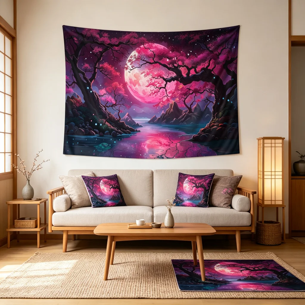 1PC Pink Sakura Moon Lake Print Backdrop Banner, Bedroom Living Room Photo Background, Polyester, Home Decor, Wall Art