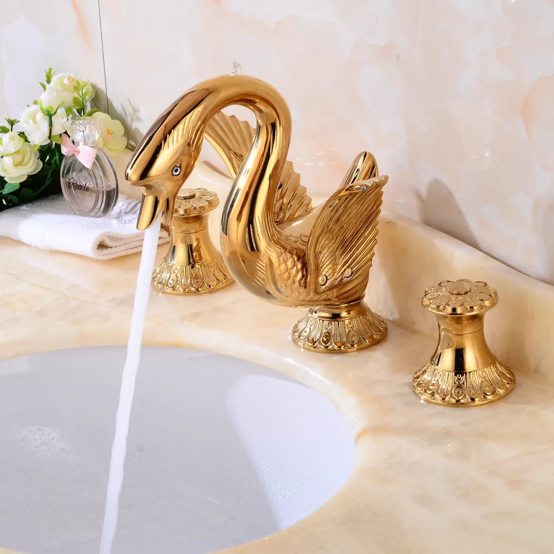 

Gold Swan Bathroom Faucet Widespread Antique Sink Tap Brass Basin Faucet Sink Faucet 3 Hole Crystal Handle Hot & Cold Water Tap