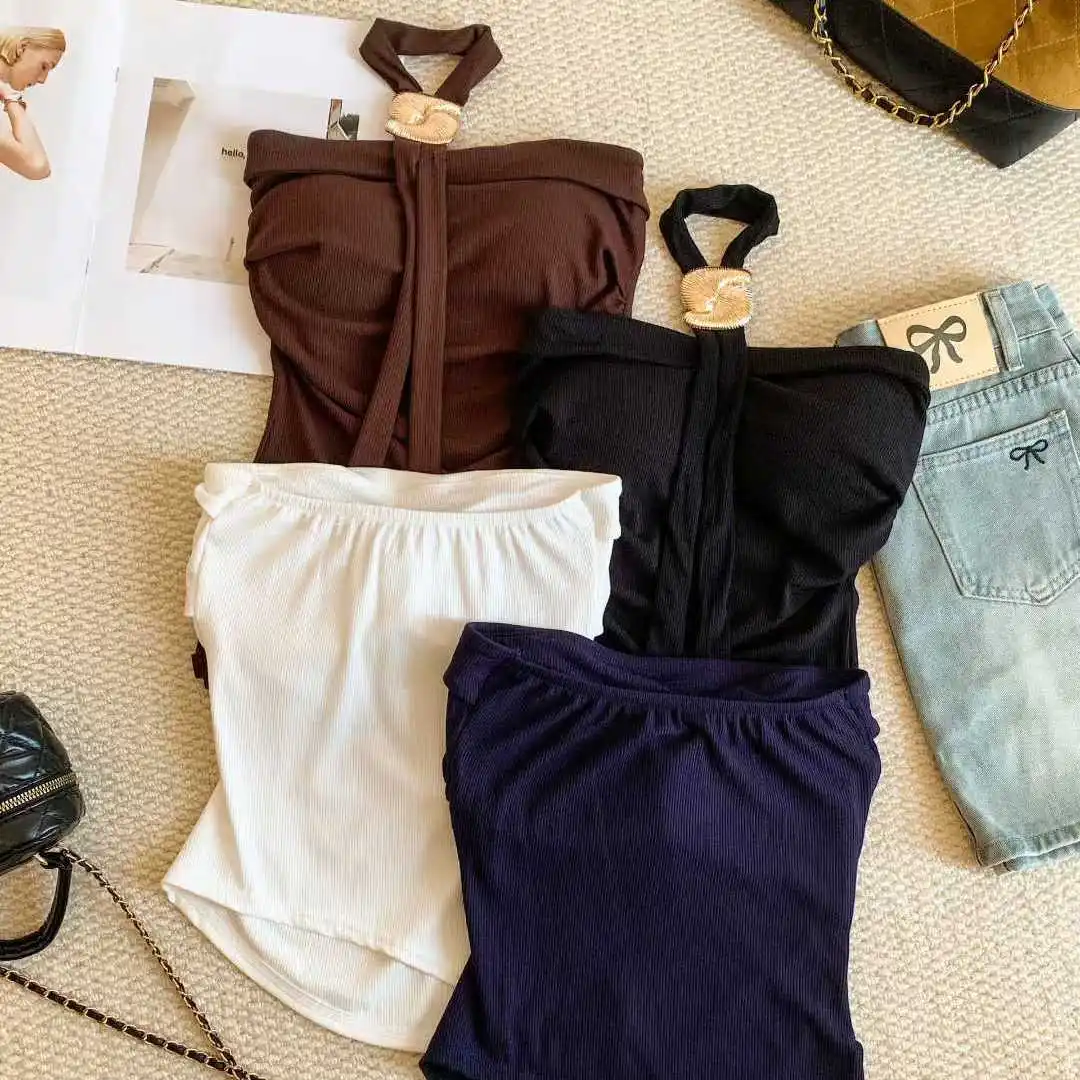 Summer New Style Spicy Girl Design Pleated One Shoulder Vest Slimming Women's Fixed Strap Chest Pad Versatile Top
