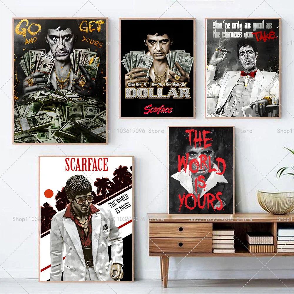 Gangster Movie Scarface Tony Montana With Money Poster Self-adhesive Waterproof Paper Sticker Coffee House Bar Room Wall Decor