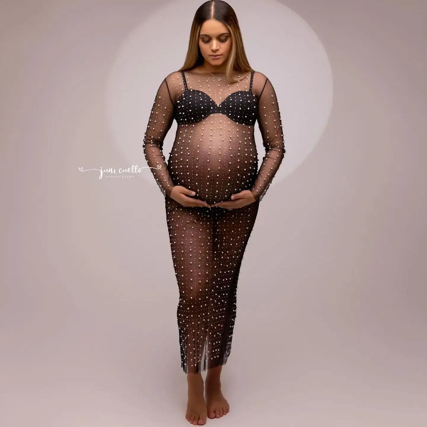 

Sexy See Thru Evening Dresses Luxury Pearls Long Sleeves Tulle Pregnant Women Maternity Robes Ankle Length Photography Gowns