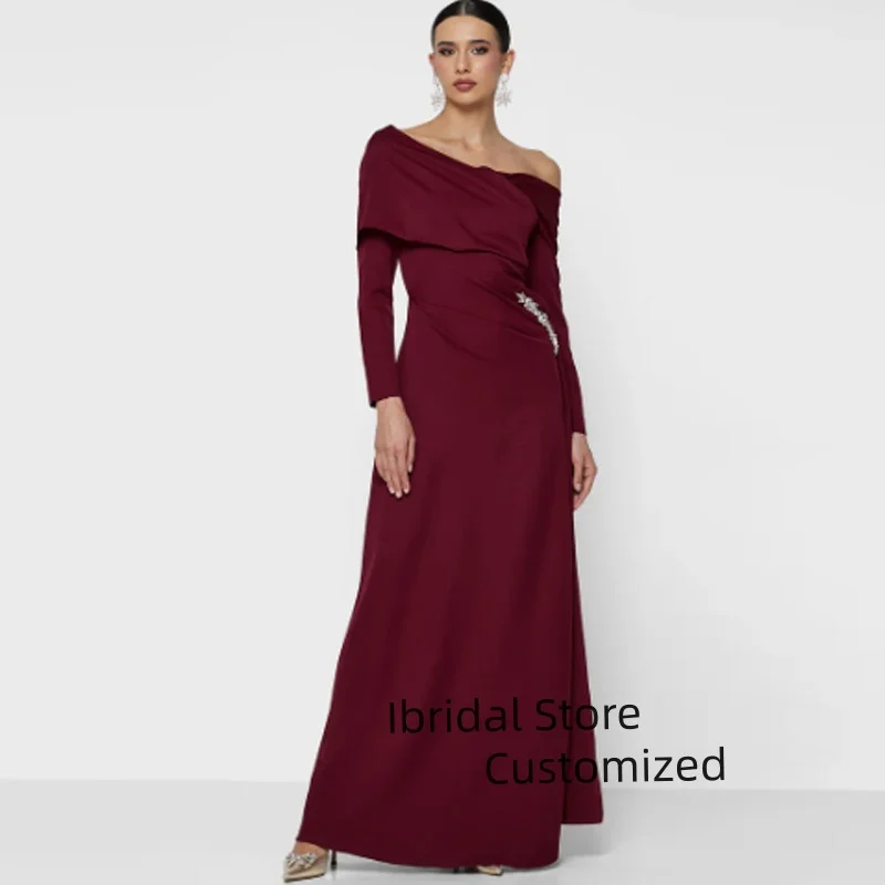 Vestido elegante personalizado para madre de la novia, largo hasta el suelo, vestido de fiesta Formal, un hombro, cuentas, mangas largas, vestidos saudíes