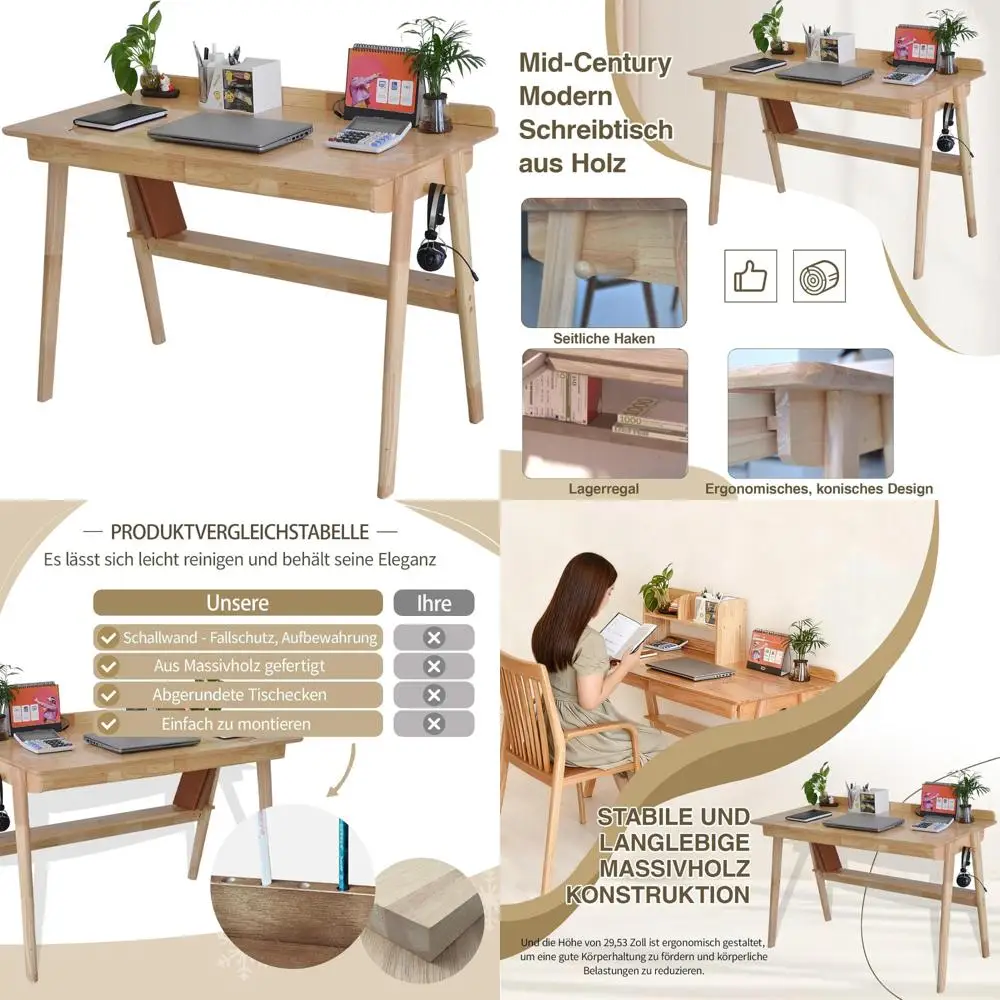 

Mid-Century Modern Solid Wood Desk with Drawers and Bookshelf, Compact Computer Desk for Small Spaces