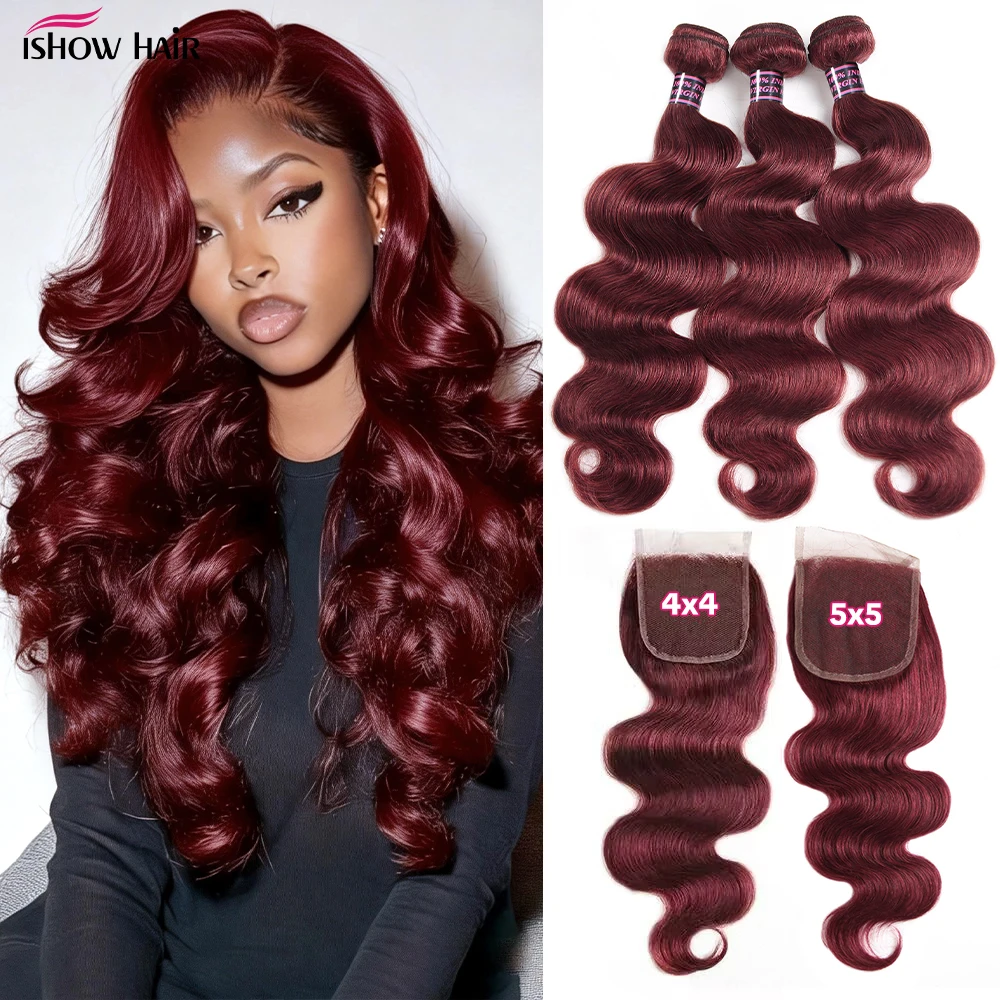 99J Burgundy Body Wave Human Hair Extensions with 4x4 Lace Closure And 5x5 Lace Closure Remy Hair Bundles for Women