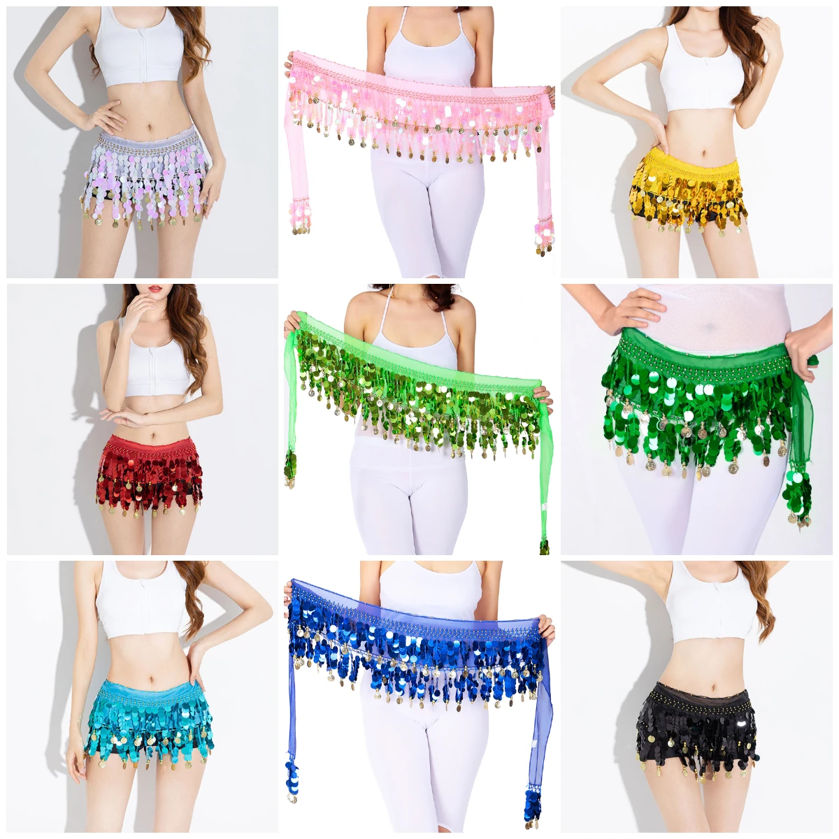 

Tassel Belly Dance Belt Women's Indain Belly Dance Halloween Costume Sequins Waistband Hip Scarf 58 Coins Tassel Hipskirt Belt